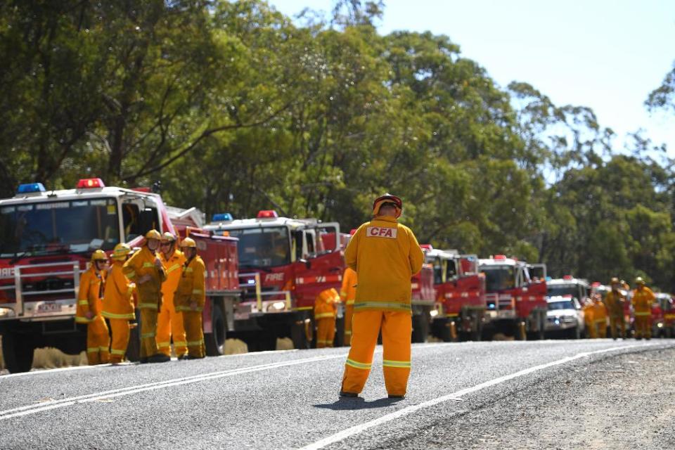 Victorian Country Fire Authority crews are seen near Colo Heights, north-west of Sydney, on Wednesday.