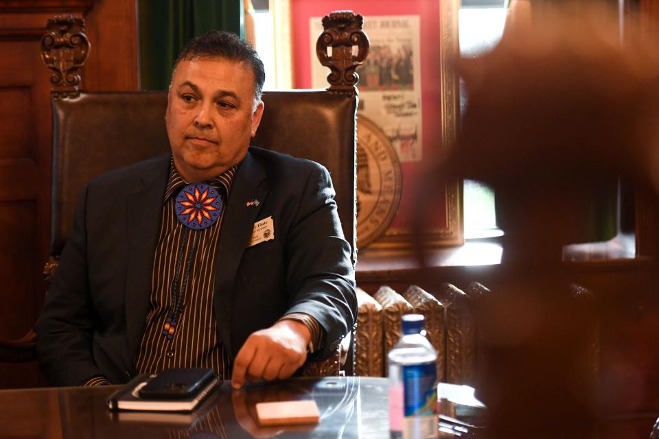 State Secretary of Tribal Relations David Flute speaks with the Argus Leader and South Dakota Searchlight in the Governor’s Office at the South Dakota Capitol in Pierre on Tuesday, Sept. 26, 2023.