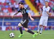 <p>Lionel Messi of Argentina goes on the attack as Argentina tried to re-establish their lead </p>