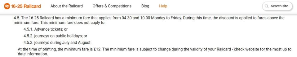 Railcard card users must reach a minimum fare during peak hours to receive the discount on train tickets.