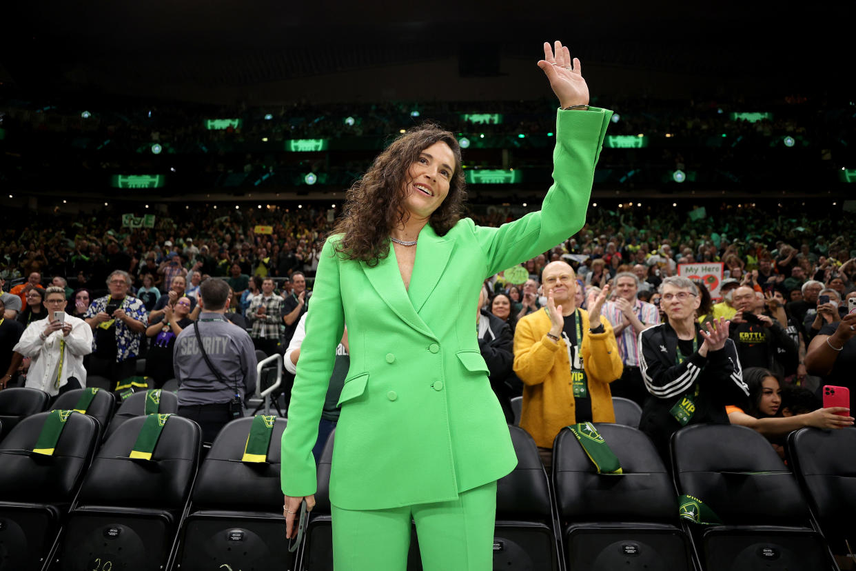 SEATTLE, WASHINGTON - JUNE 11: Sue Bird acknowledges the crowd before the game between the Seattle Storm and the Washington Mystics at Climate Pledge Arena on June 11, 2023 in Seattle, Washington. (Photo by Steph Chambers/Getty Images)