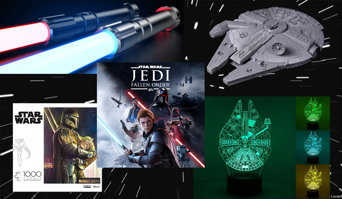 Clockwise from top left: SaberForms lightsabers, 3D-printed Millennium Falcon, Star Wars night-light, The Mandalorian jigsaw puzzle, Star Wars Jedi: Fallen Order.