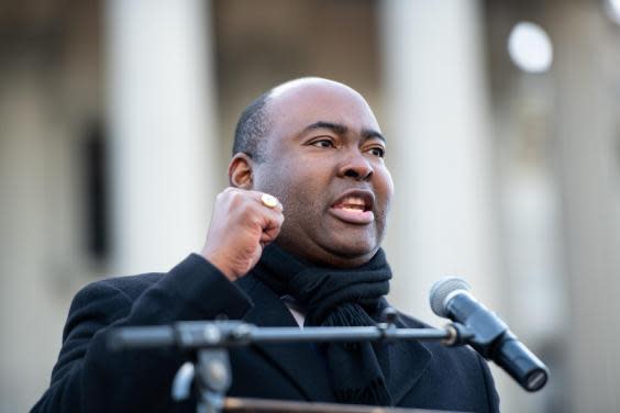 US Senate candidate Jaime Harrison speaks to the crowd during the King Day celebration at the Dome March and rally on January 20, 2020 in Columbia, South Carolina (Photo by Sean Rayford/Getty Images)