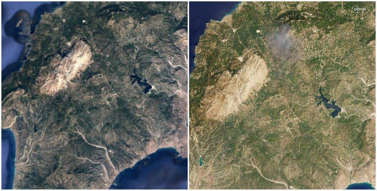 (L) Satellite image of Rhodes island before wildfire erupted along with the image of the tourist island from 20 July once the blaze began to spread (Planet Labs PBC)