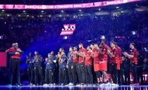 Feb 14, 2016; Toronto, Ontario, CAN; Magic Johnson hugs Western Conference forward Kobe Bryant of the Los Angeles Lakers prior to the start of the NBA All Star Game at Air Canada Centre. Mandatory Credit: Bob Donnan-USA TODAY Sports