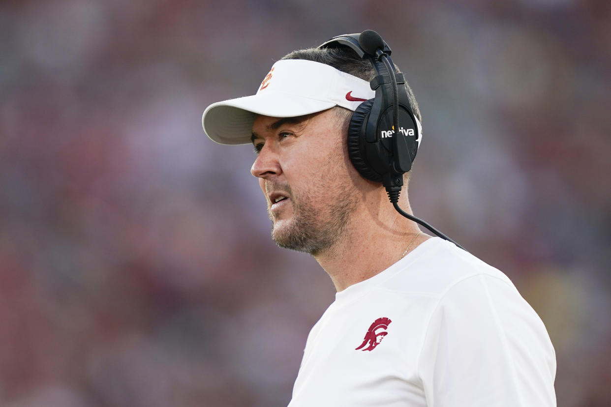 Southern California head coach Lincoln Riley watches during the first half of an NCAA college football game against Utah, Saturday, Oct. 21, 2023, in Los Angeles. (AP Photo/Ryan Sun)