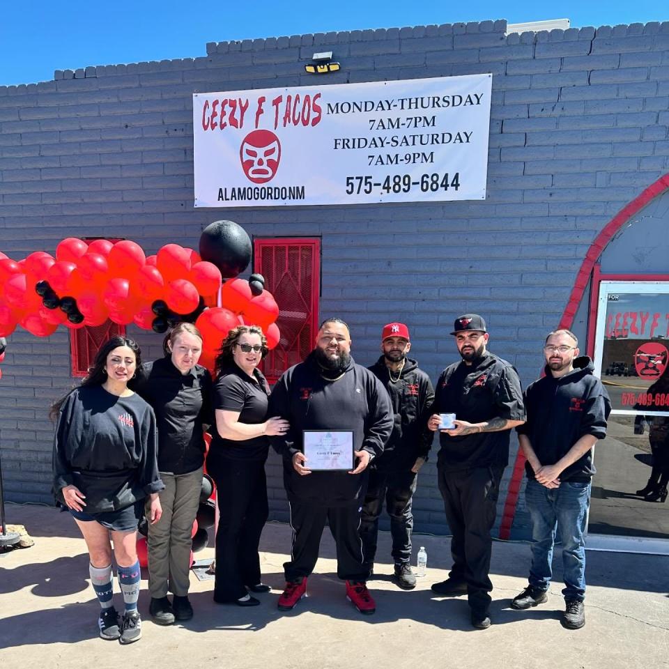 Ceezy F Tacos team during the ribbon cutting for the Chamber of Commerce. Ceezy F Tacos is located at 200 Cuba Avenue in Alamogordo, New Mexico and is popular for its Birria tacos and consommé.