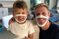 <p>Sean Lowe and son Samuel don BendShape masks so they can protect themselves and others during the pandemic while still showing off their smiles.</p>