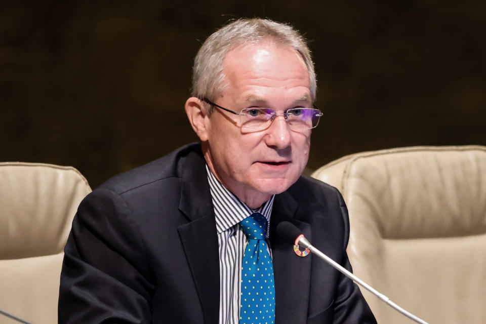 General Assembly President Csaba Korosi addresses the 77th session of the United Nations General Assembly, Monday, Sept. 26, 2022, at the U.N. headquarters. (AP Photo/Julia Nikhinson)