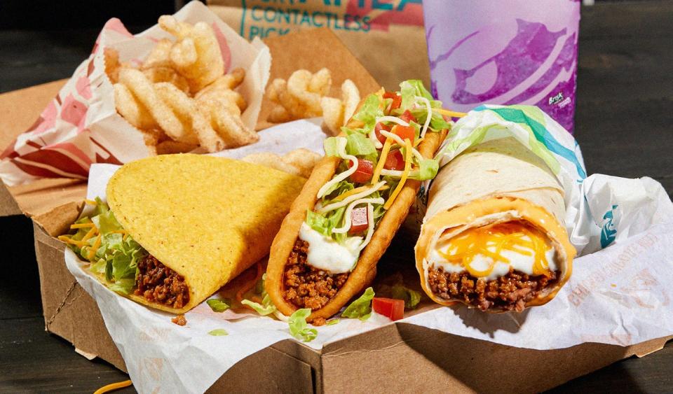 Taco Bell has brought back its $5 Cravings Box, which includes a Chalupa Supreme, Crunchy Taco, Beefy 5-Layer Burrito and Cinnamon Twists and choice of medium beverage including Brisk Dragon Paradise Sparkling Iced Tea (shown here).
