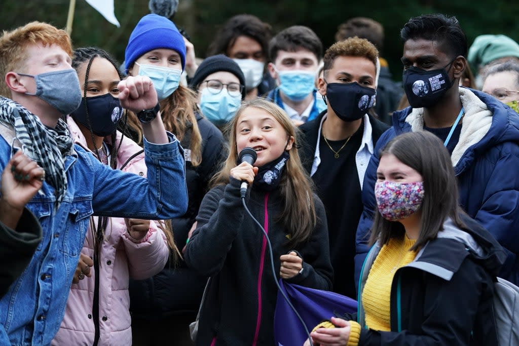 Greta Thunberg addresses the crowd at Festival Park, Govan, in Glasgow (Andrew Milligan/PA) (PA Wire)