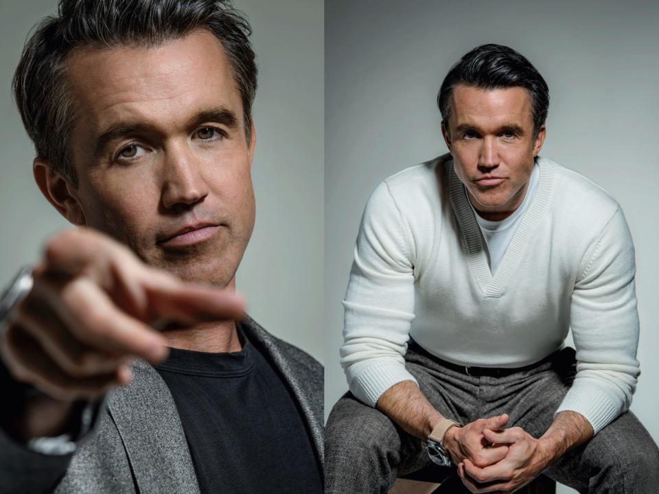 Rob McElhenney in three different photographs against a grey-colored background.