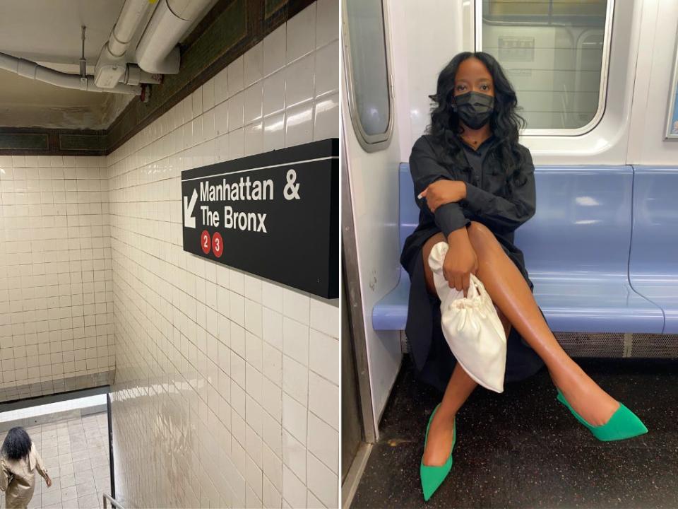 Side by side photo of the Manhattan and the Bronx subway station and the author.