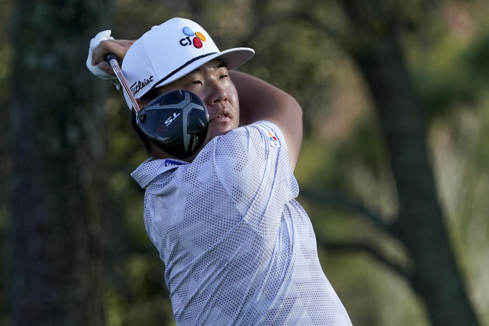 Sungjae Im. Of South Korea, watches his tee shot on the ninth hole during the second round of the The Players Championship golf tournament Friday, March 12, 2021, in Ponte Vedra Beach, Fla. (AP Photo/John Raoux)