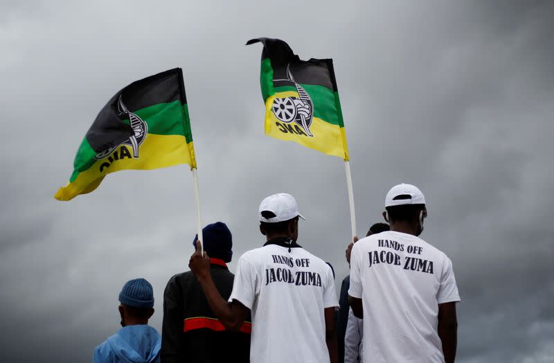 Former South African president Jacob Zuma speaks to supporters who gathered at his home in Nkandla