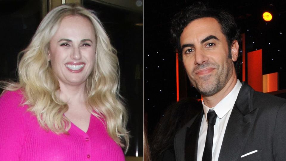 A split image of Rebel Wilson and Sacha Baron Cohen