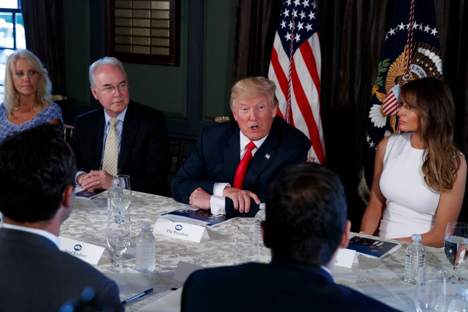 President Donald Trump threatens North Korea with "fire and fury" Aug. 8, 2017, at Trump National Golf Club in Bedminster, New Jersey. From left are, White House senior adviser Kellyanne Conway, Health and Human Services Secretary Tom Price, Trump, and first lady Melania Trump.