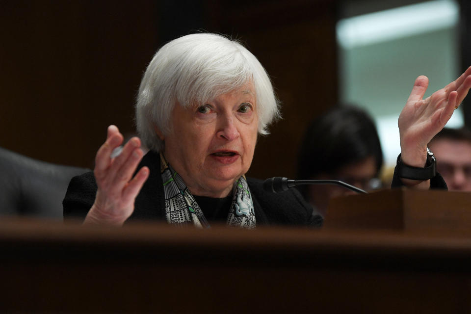 FTSE  U.S. Treasury Secretary Janet Yellen takes questions on the Biden administration's plans following the collapse of three U.S. lenders including Silicon Valley Bank and Signature Bank, as she testifies before a Senate Finance Committee hearing on U.S. President Joe Biden's proposed budget request for fiscal year 2024, on Capitol Hill in Washington, U.S., March 16, 2023. REUTERS/Mary F. Calvert