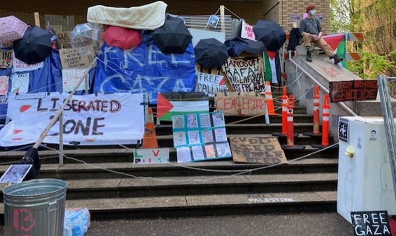 Protesters against the war in Gaza set up camp on the campus of Portland State University, April 29, 2024 (KOIN)