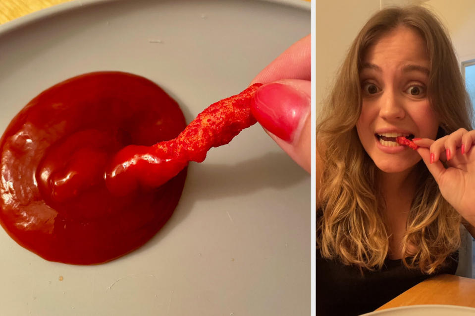Hannah eating Flamin' Hot Cheetos with ketchup