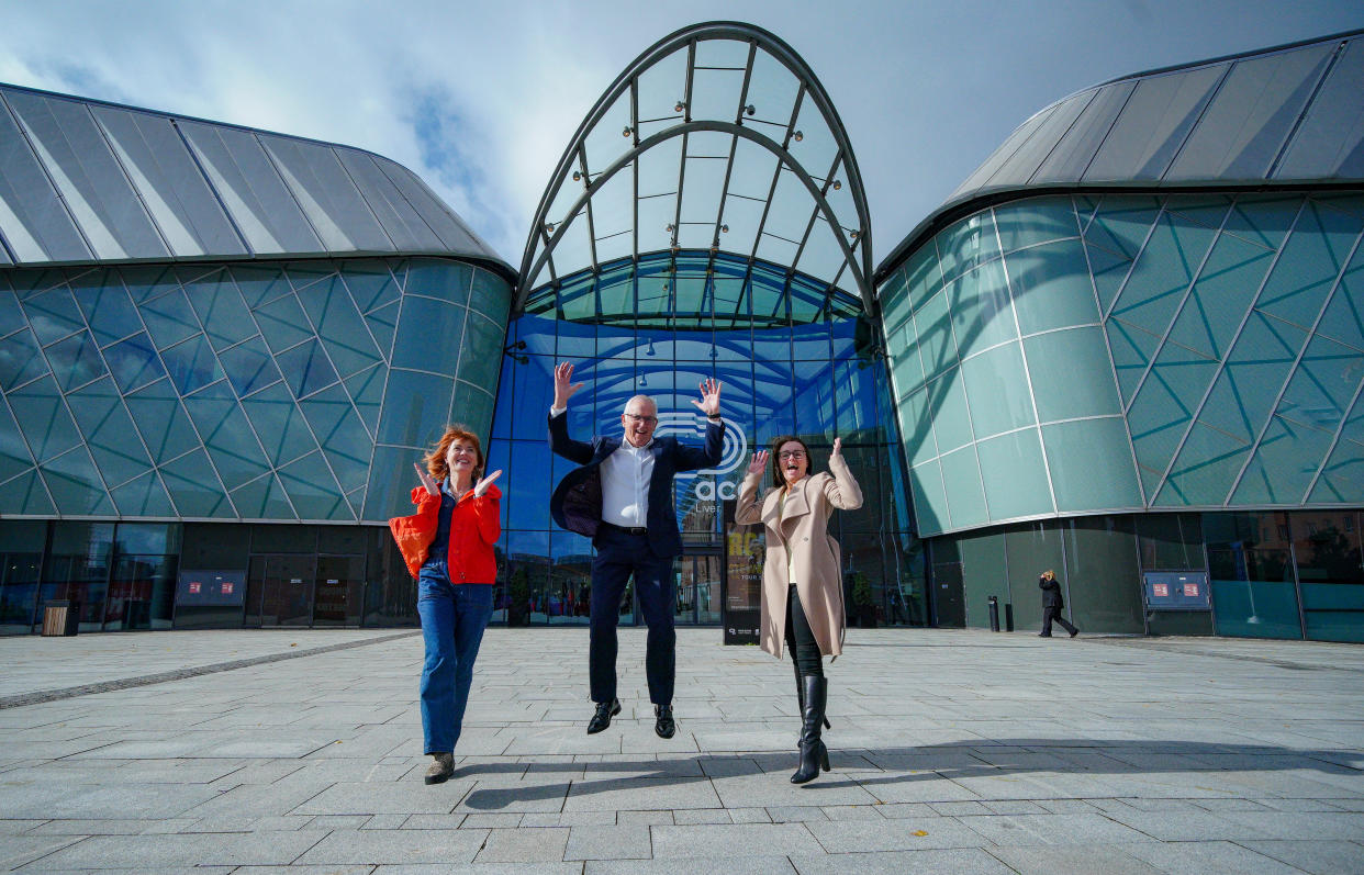 (left to right) Claire McColgan, director of Culture Liverpool, Bill Addy, chief executive at the Liverpool Bid Company and Faye Dyer, managing director of the ACC Group, celebrating outside Liverpool M&S Arena after the city was announced as host of 2023 Eurovision Song Contest. (Photo by Peter Byrne/PA Images via Getty Images)