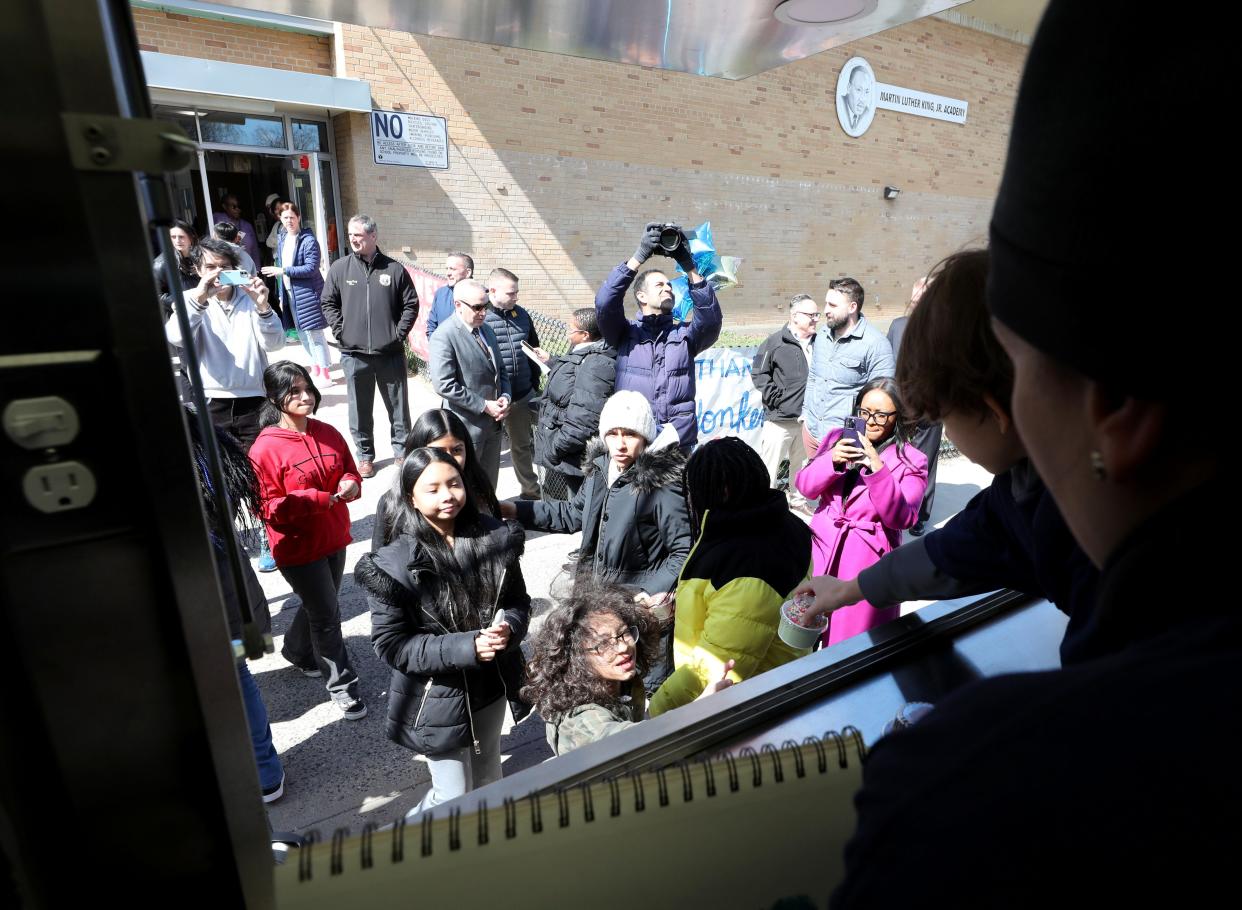 Students were treated to ice cream after the new Yonkers PBA mobile canteen was unveiled at the Martin Luther King Jr. Academy in Yonkers, March 21, 2024. This 18ft Ford F-59 truck will be staffed by volunteer police officers and will be used to serve numerous local community groups such as Yonkers Public Schools, and The Westchester School serving those with special needs, and assisting at major incidents such as natural disasters, line of duty funerals, parades, etc.