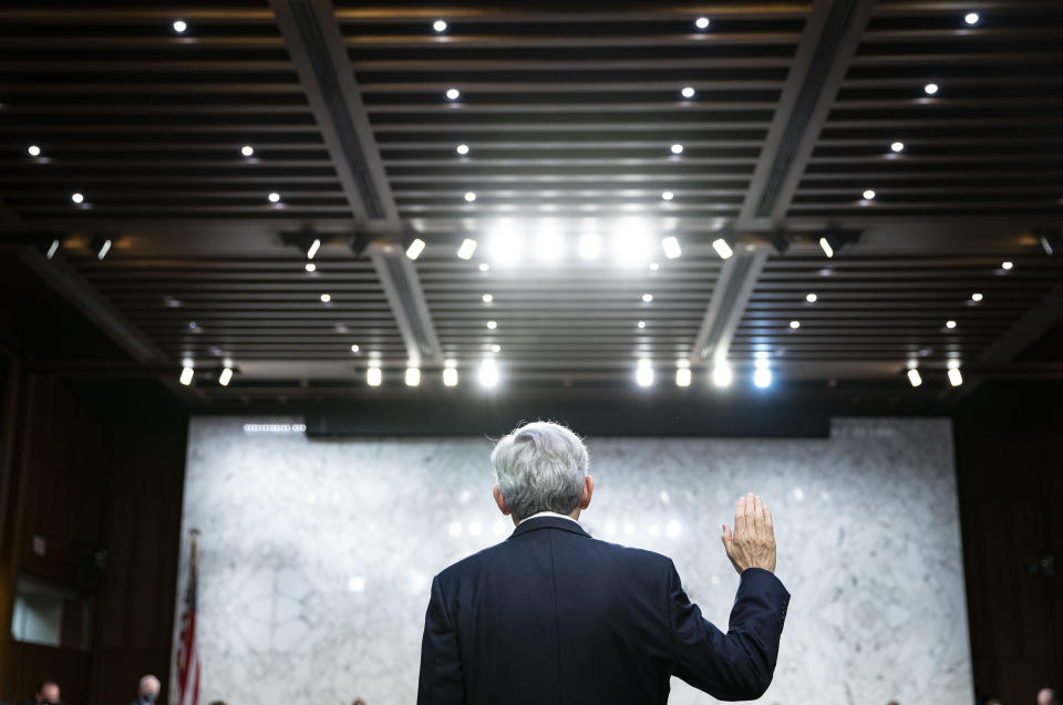 Judge Merrick Garland, nominee to be Attorney General, is sworn in at his confirmation hearing before the Senate Judiciary Committee, Monday, Feb. 22, 2021 on Capitol Hill in Washington. (Al Drago/Pool via AP)