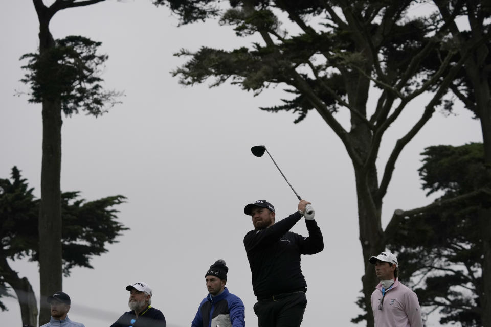 Shane Lowry of Ireland, watches his tee shot on the fourth hold during a practice round for the PGA Championship golf tournament at TPC Harding Park Wednesday, Aug. 5, 2020, in San Francisco. (AP Photo/Charlie Riedel)