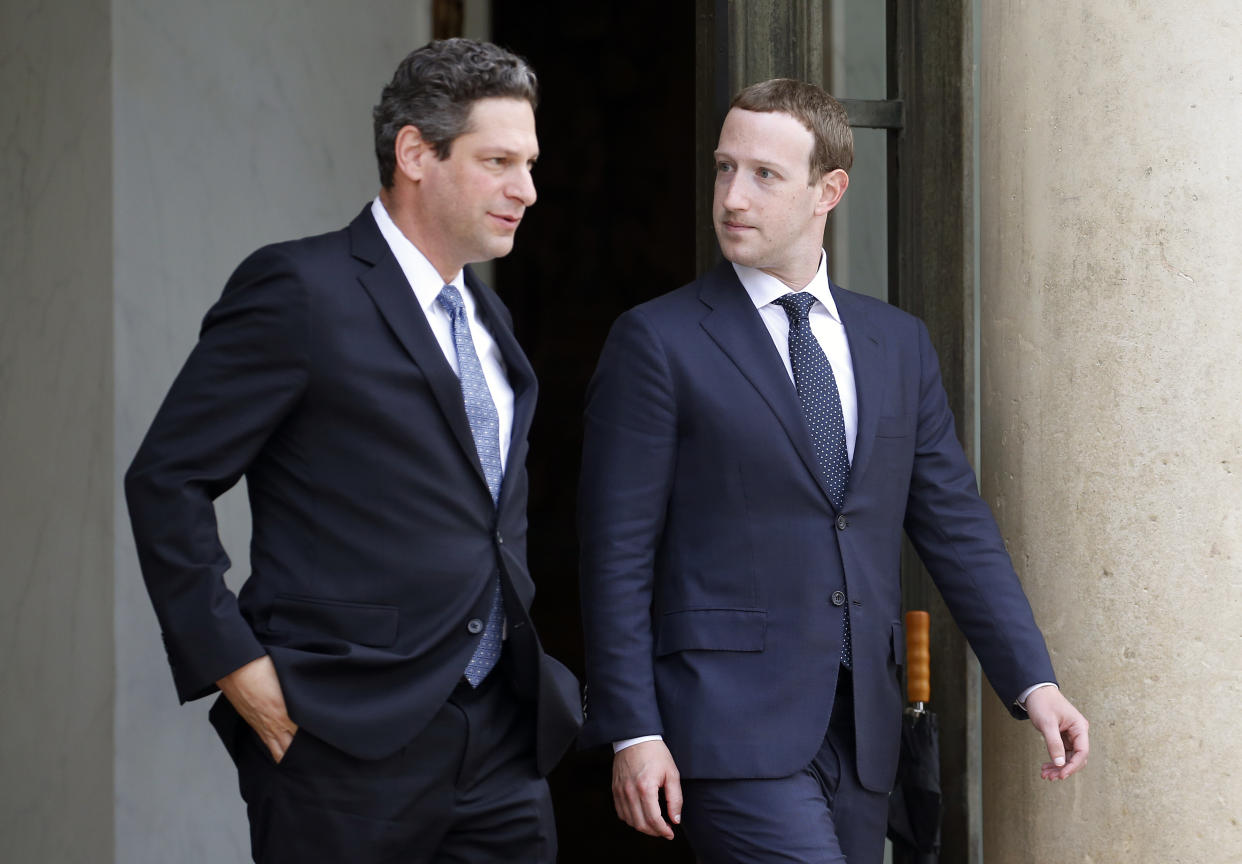 PARIS, FRANCE - MAY 23:  Facebook vice president of global public policy Joel Kaplan and Facebook CEO Mark Zuckerberg leave the Elysee Presidential Palace after a meeting with French President Emmanuel Macron on May 23, 2018 in Paris, France. Zuckerberg will participate tomorrow at the VivaTech fair in Paris.  (Photo by Chesnot/Getty Images)