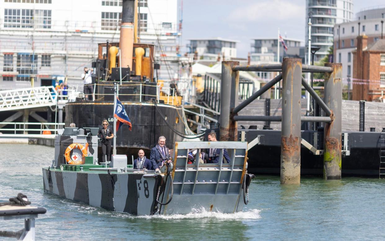 Labour leader Keir Starmer takes a ride on a WW2 landing craft