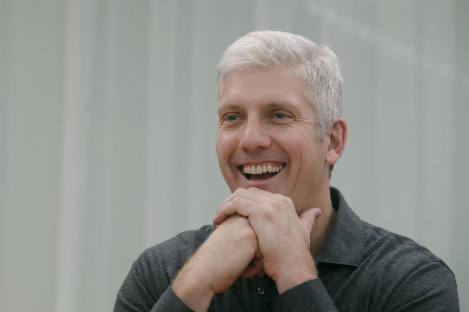 In this Tuesday, Sept. 24, 2019, photo Rick Osterloh, SVP of Google Hardware smiles while interviewed in Mountain View, Calif. (AP Photo/Jeff Chiu)