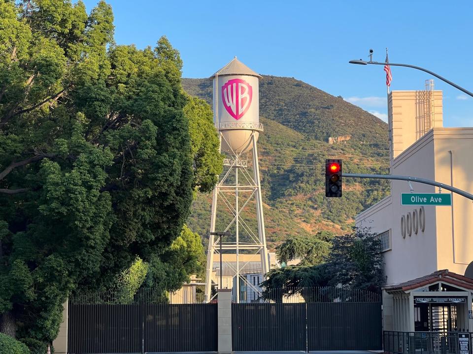 The Warner Bros. water tower is currently pink for "Barbie."