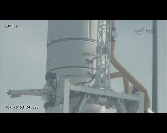 Orbital Sciences' Antares rocket first test flight was scrubbed on April 17, 2013, about 12 minutes before scheduled launch. An umbilical on the second stage prematurely disconnected.