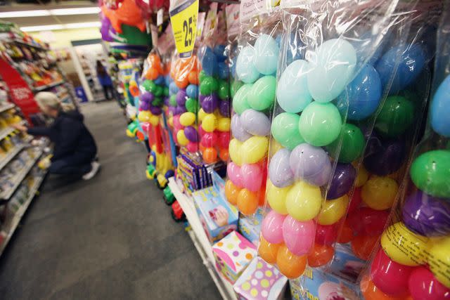 Mario Tama/Getty Plastic Easter eggs on display in a store.