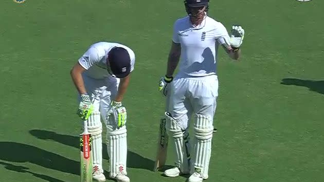 Bairstow doubles over as batting partner Ben Stokes signals for help. Image: Fox Sports