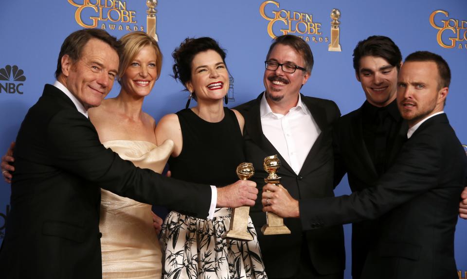 The cast of "Breaking Bad" pose backstage after they won the award for Best TV Series, Drama and after Brian Cranston (L) won for Best Actor in a TV Series, Drama at the 71st annual Golden Globe Awards in Beverly Hills, California January 12, 2014. REUTERS/Lucy Nicholson