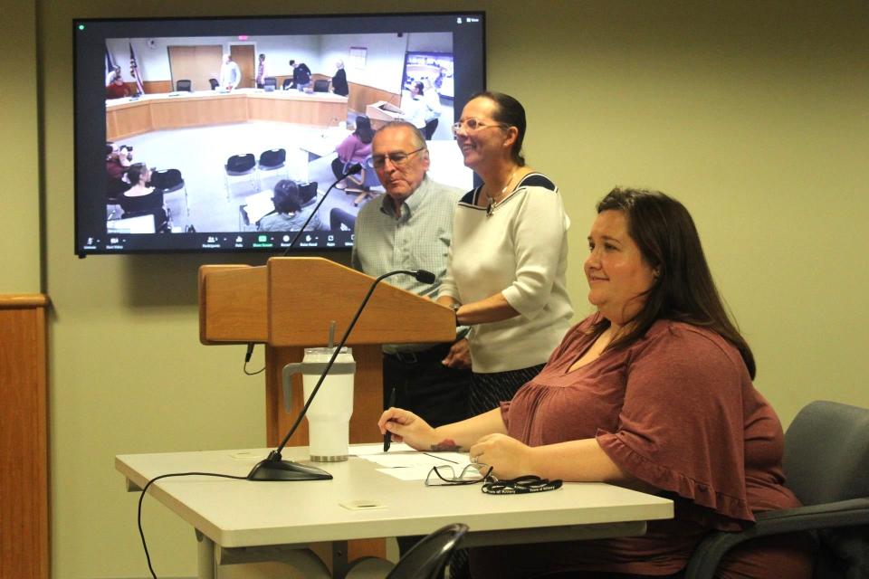 Denise and Paul Pouliot, head speakers of the Alton, New Hampshire-based Cowasuck Band of Pennacook-Abenaki people, are seen speaking at the Kittery Town Council meeting on Monday, Sept. 25, 2023. The Pouliots presented the council, which adopted a land acknowledgement into its meeting opening statement on Monday, a tribal flag to hang in the Town Hall council chambers.