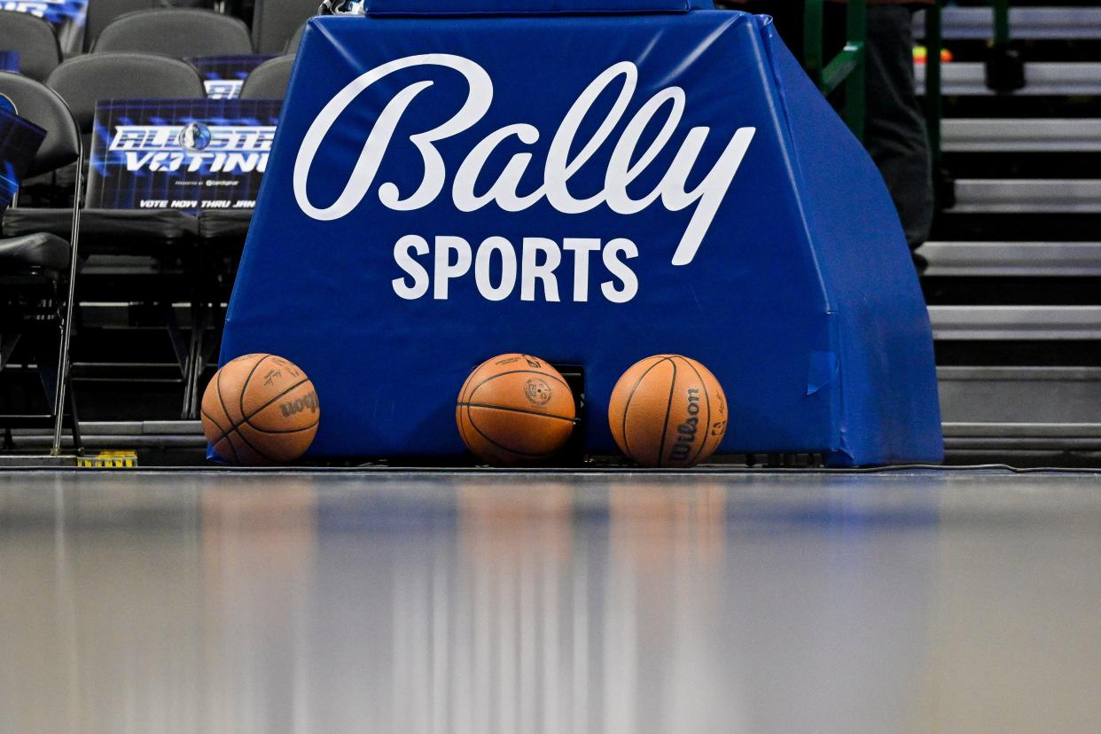 A view of the Bally Sports logo and basketballs before the Jan. 13 game between the Mavericks and the Pelicans in Dallas.