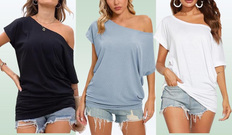 Three off-the-shoulder tops in black, blue and white.