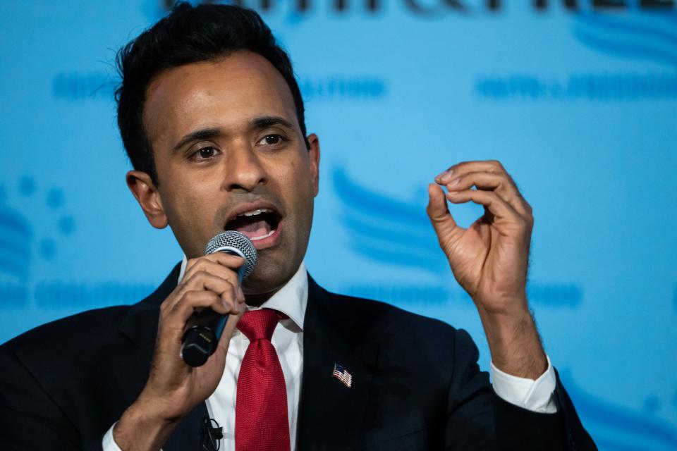 2024 presidential candidate Vivek Ramaswamy speaks to the crowd at the Iowa Faith & Freedom Coalition's annual spring kickoff, on Saturday, April 22, 2023, in Clive, Iowa.