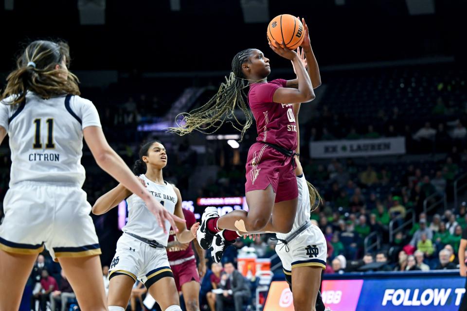 Florida State guard Ta'Niya Latson goes up for a shot against Notre Dame during their Jan. 26 matchup in South Bend, Ind. Latson has led the Seminoles into the NCAA Tournament, where they will open Friday against Alabama.