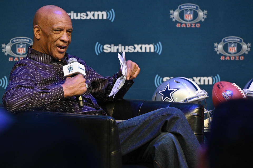 CANTON, OHIO - AUGUST 02:  Drew Pearson speaks at pro football Hall of Fame inductee Gil Pearson SiriusXM town hall at Umstattd Hall at the Zimmerman Symphony Center on August 02, 2019 in Canton, Ohio. (Photo by Duane Prokop/Getty Images for SiriusXM)