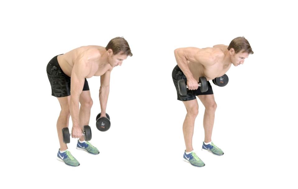 <p>Holding dumbbells across your thighs, hinge at your hips so your torso is facing the floor, and straighten your arms so the dumbbells are hanging just above the ground (<strong>A</strong>). From here, row the weights into your hips (<strong>B</strong>), thinking about pulling your shoulders back before calling on your arms to complete the rep. Lower under control. </p>