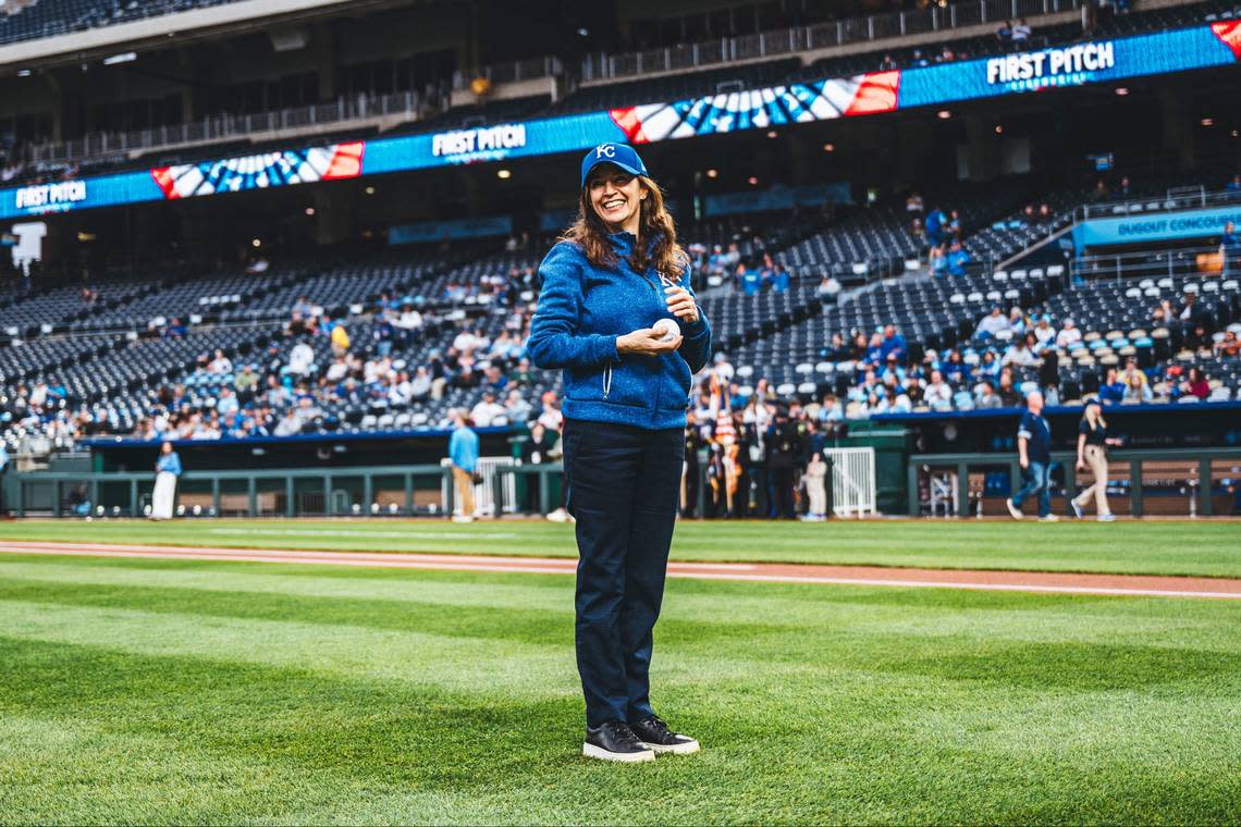 Soileh Padilla, the Hispanic Chamber of Commerce of Greater Kansas City’s consulate, throws out the first pitch at a Kansas City Royals game in 2024.