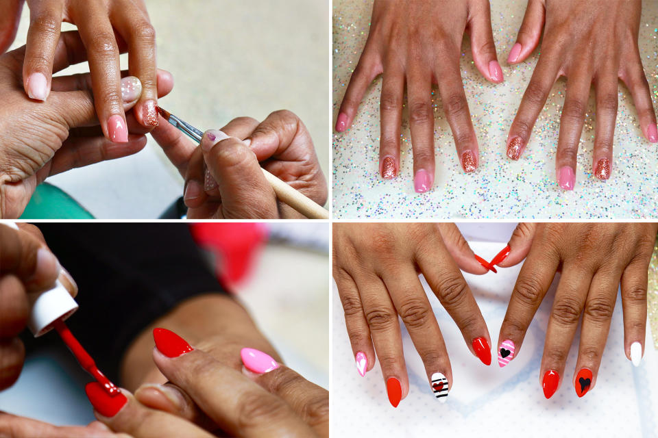 Customers' nails being worked on (left) and completed (right)