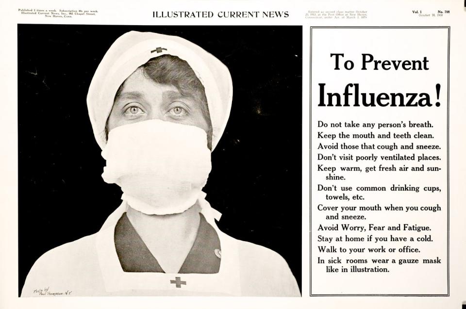 <span class="caption">Poster of a Red Cross nurse wearing a gauze mask over her nose and mouth – with tips to prevent the influenza pandemic.</span> <span class="attribution"><a class="link " href="https://collections.nlm.nih.gov/catalog/nlm:nlmuid-101580385-img" rel="nofollow noopener" target="_blank" data-ylk="slk:The National Library of Medicine/NIH;elm:context_link;itc:0;sec:content-canvas">The National Library of Medicine/NIH</a></span>