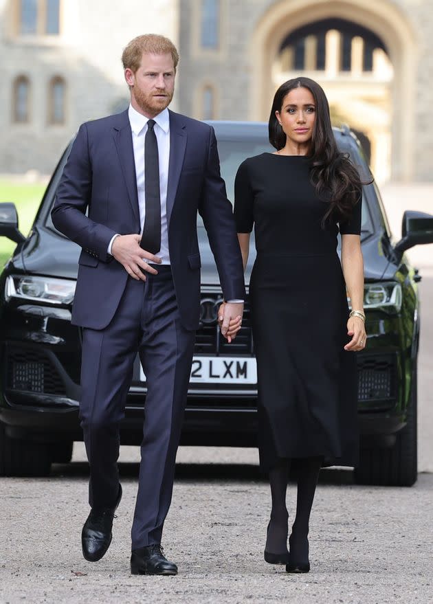 Prince Harry and Meghan arrive at Windsor Castle on Saturday. (Photo: Chris Jackson via Getty Images)