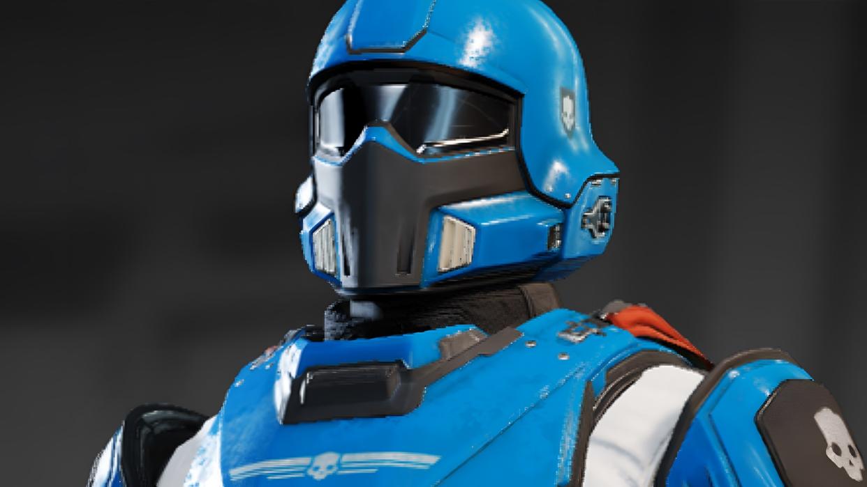  Preorder bonus blue armor for Helldivers 2 closeup of shoulders and head. 