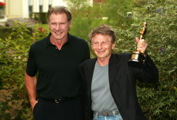 Polanski with Harrison Ford, after his Oscar win for ‘The Pianist’. Credit: Getty Images