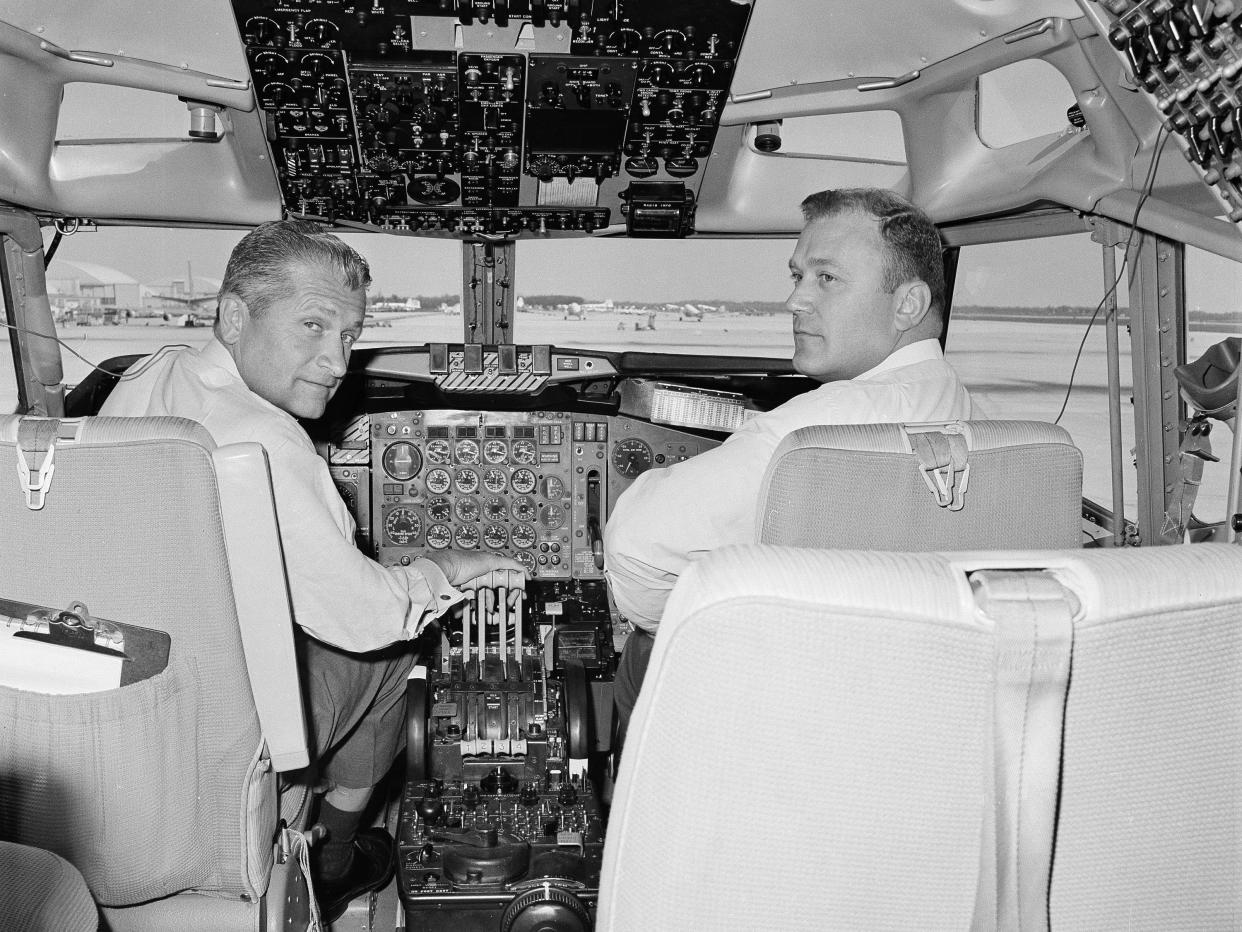 Pilots in the cockpit of Air Force One during John F Kennedy's presidency
